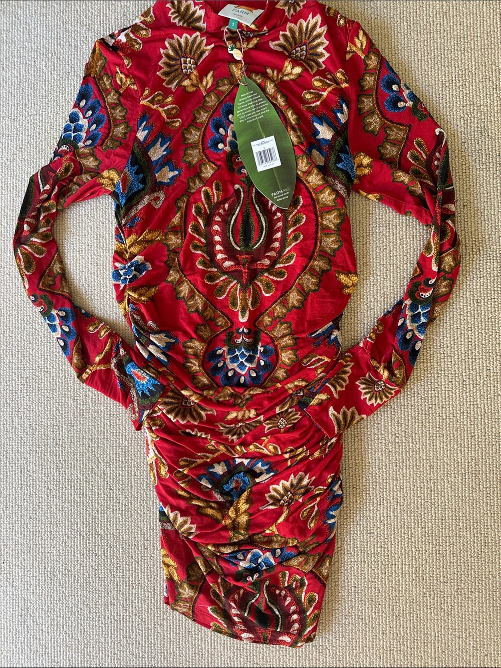 FARM Rio Red Floral Paisley Print Dress small red jersey folk tapestry